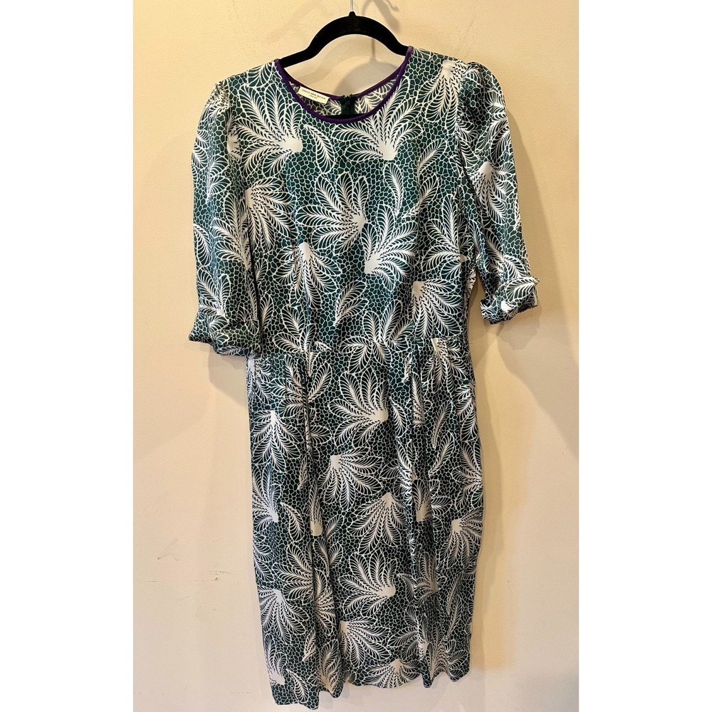Dries Van Noten Green & White Leaf Print Knee-Length Viscose Dress Sz M/10 $1200